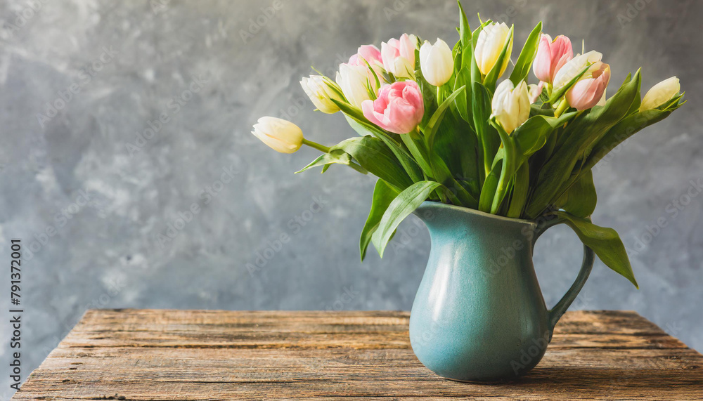 Close-up of a vase of flowers on a wooden table with a copy space Close-up of a vase of flowers on a wooden table with a copy space