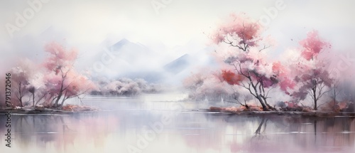 Misty lake with pink trees in the morning