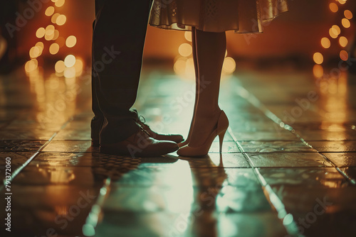 Close-up of dancing feet in a cinematic style with a golden bokeh background. Generated by artificial intelligence photo