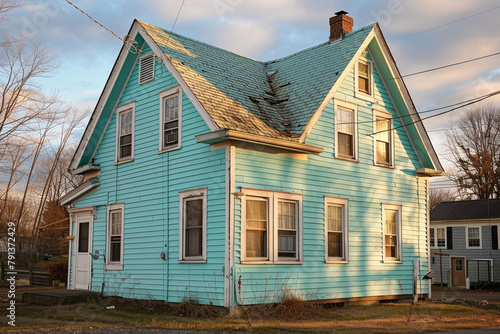 A captivating teal house standing proudly on a spacious lot in the suburbs, its pale blue siding catching the sunlight in a mesmerizing display.  charm of the picturesque scene.  © Fizza 