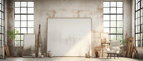 /imagine: prompt: An artist's studio with a large blank canvas on an easel in the center. There are two large windows on the left and right side of the canvas. There is a wooden chair in the right cor photo