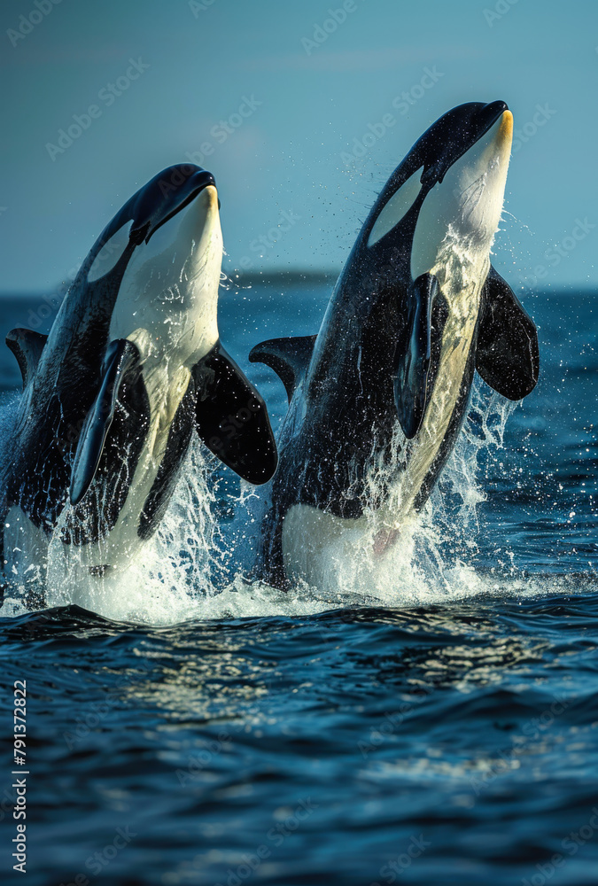 Obraz premium Two killer whales jumping out of the water