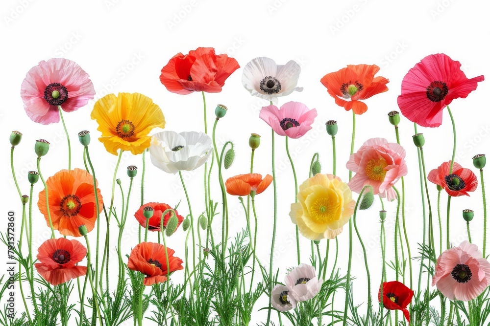 Fototapeta premium A collection of artificial flowers and foliage, beautifully arranged against a light background. Ideal for décor and craft themes.