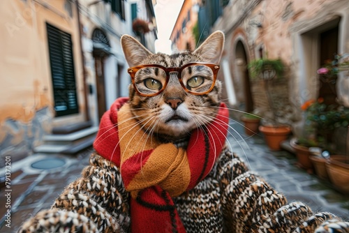 A cat in autumn clothes and glasses takes a selfie in Italy.