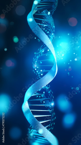 3D rendering of double helix DNA structure on blue background