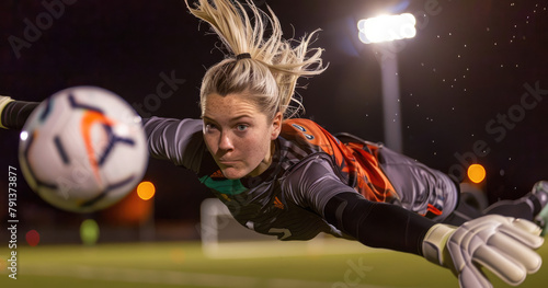 female soccer player diving to make save, wearing black and grey long sleeve jersey with orange accents, white gloves © Kien