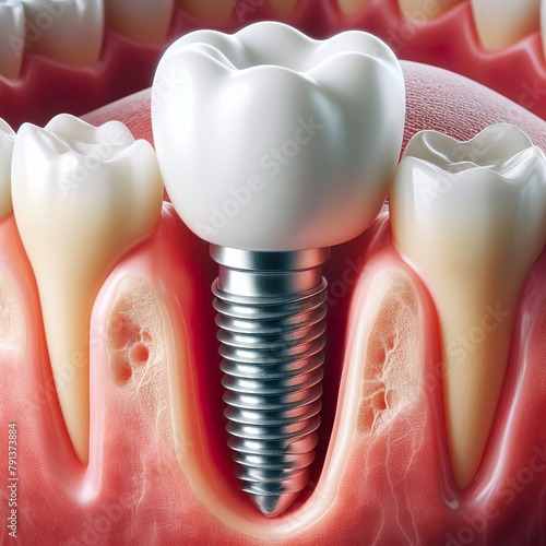 3d render of tooth implant with dental crowns