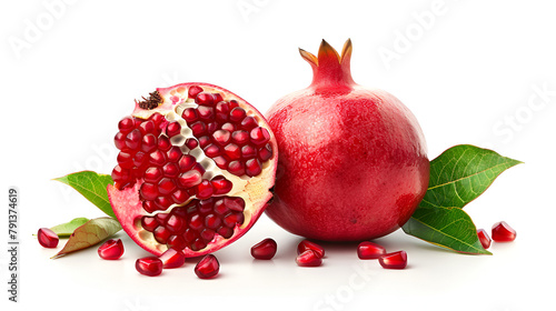 Juicy pomegranate and its half with leaves isolated on white, generative ai