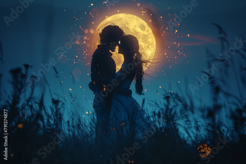 Dancing in the moonlight, lost in each other's arms, swept away by the magic of the moment. Concept of romantic spontaneity and passion. Generative Ai.