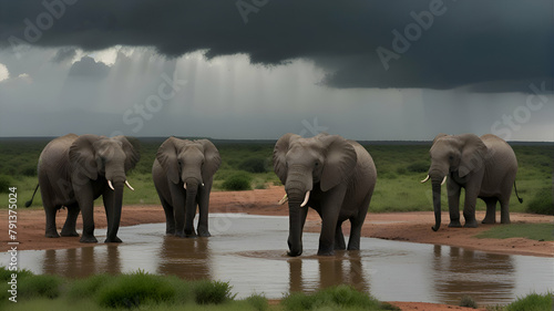 African elephants (Loxodonta) gather around a watering hole at Addo Elephant National Park under a stormy sky; Eastern Cape, South Africa photo