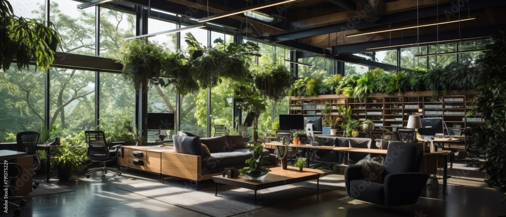 An office interior with a lot of plants and big windows