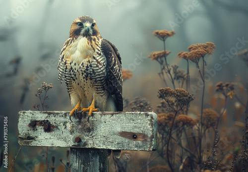 Red tailed hawk perched on sign in foggy field. A photo capturing a hawk perched on a wooden sign photo