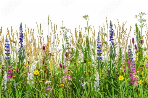 A vibrant selection of various pressed wild meadow flowers isolated on a white background, displaying a range of colors and details. photo