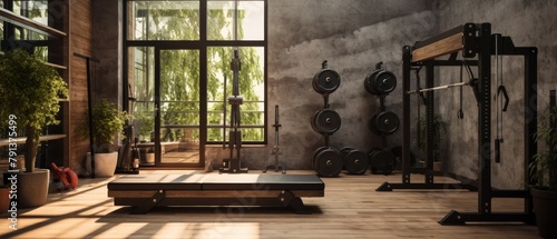 An illustration of a home gym with a large window, concrete walls, and wooden floors. There is a squat rack, a bench, and a variety of weights. The gym is decorated with plants and has a modern indust photo