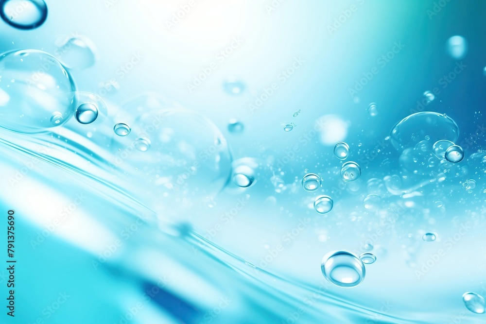 Visualize abstract aqua dynamics: a gentle stream of water adorned with bubbles flowing against a peaceful backdrop, offering ample copy space for context or messaging.