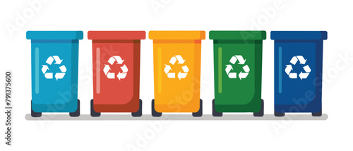 Color-coded recycling bins in a row, vector cartoon illustration.