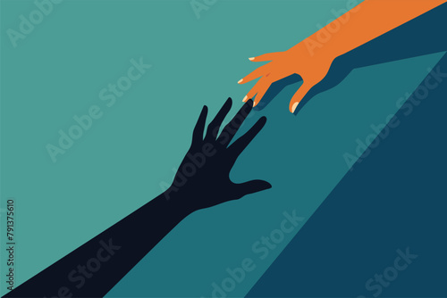 Two hands reaching towards each other, vector cartoon illustration. Shadow of hand reaching for help.