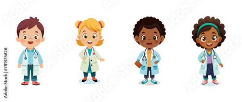 Cartoon children dressed as medical doctors, vector illustration.