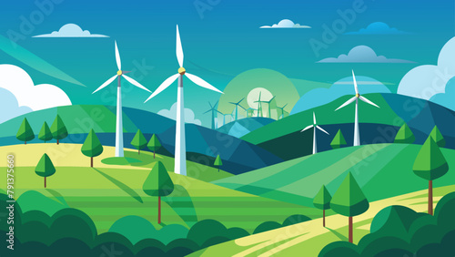 Eco-friendly energy on green hills, Wind turbines vector cartoon illustration.
