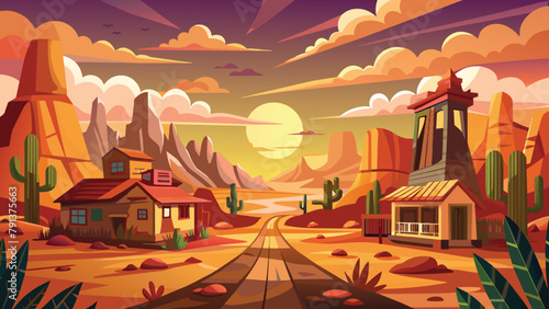 Western town under orange skies, Desert sunset vector cartoon illustration.