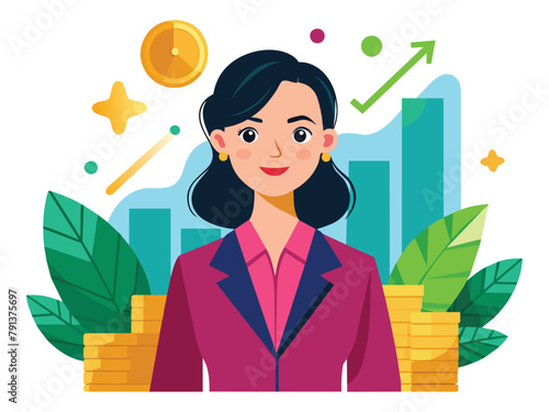 Professional woman with a financial growth concept, Economic prosperity  vector cartoon illustration.. Female investor.