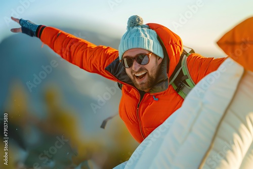 Inflatable Shenanigans,The man isnt just holding the mattress, hes trying and failing to ride it like a rodeo bull The mattress is bucking wildly, and his sunglasses are flying off photo