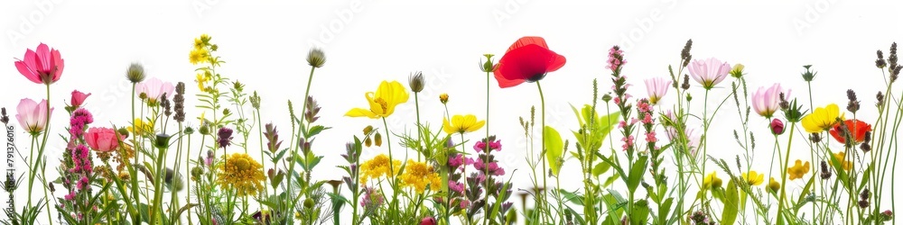 Obraz premium A vibrant selection of various pressed wild meadow flowers isolated on a white background, displaying a range of colors and details.