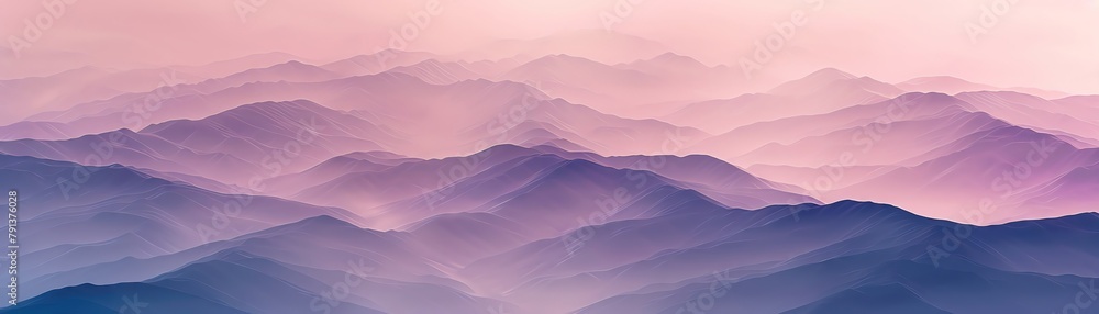 Dawns embrace over mountain folds, panoramic glory, morning mist