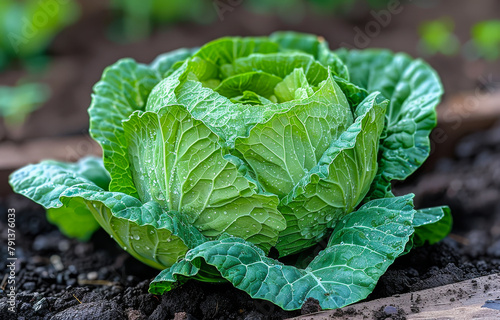 Fresh green cabbage growing in the garden