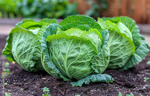A photo of an extremely large green cabbage with leaves that have just sprouted in the garden
