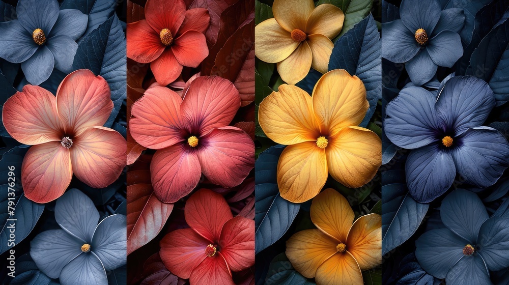 A vibrant collage showcasing the stunning variety of hibiscus flowers, from deep blues to bright yellows, all nestled against a backdrop of dark foliage. A vibrant collage showcasing the stunning variety of hibiscus flowers, from deep blues to bright yellows, all nestled against a backdrop of dark foliage.