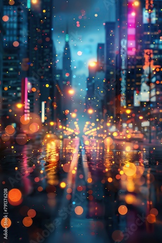 Neon Cityscape, Blurred lights of a bustling city at night, creating a bokeh effect with pops of color
