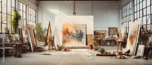 An artist's studio with a large painting on an easel in the center. There are several other paintings on the walls and easels around the studio. The floor is covered in paint and there are paintbrushe photo
