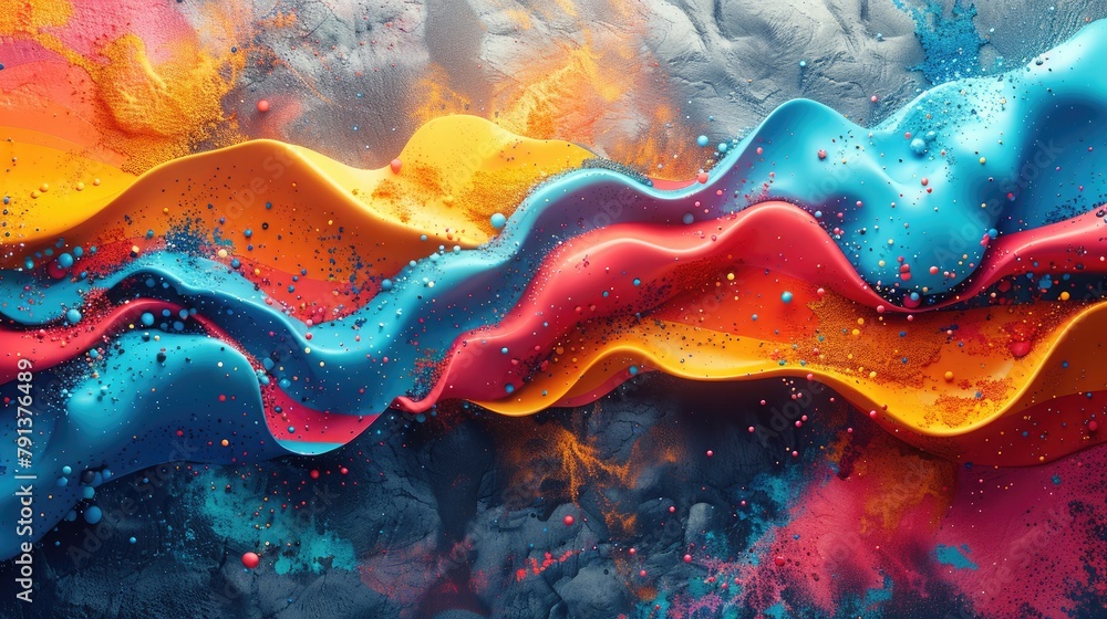 An abstract digital art piece featuring vibrant waves of color with dynamic particle effects, creating a sense of movement and energy.