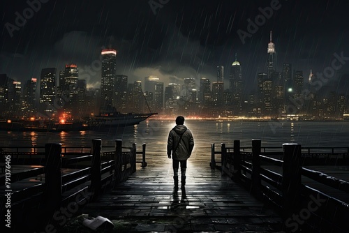A man standing on a pier under the rain. Generative AI