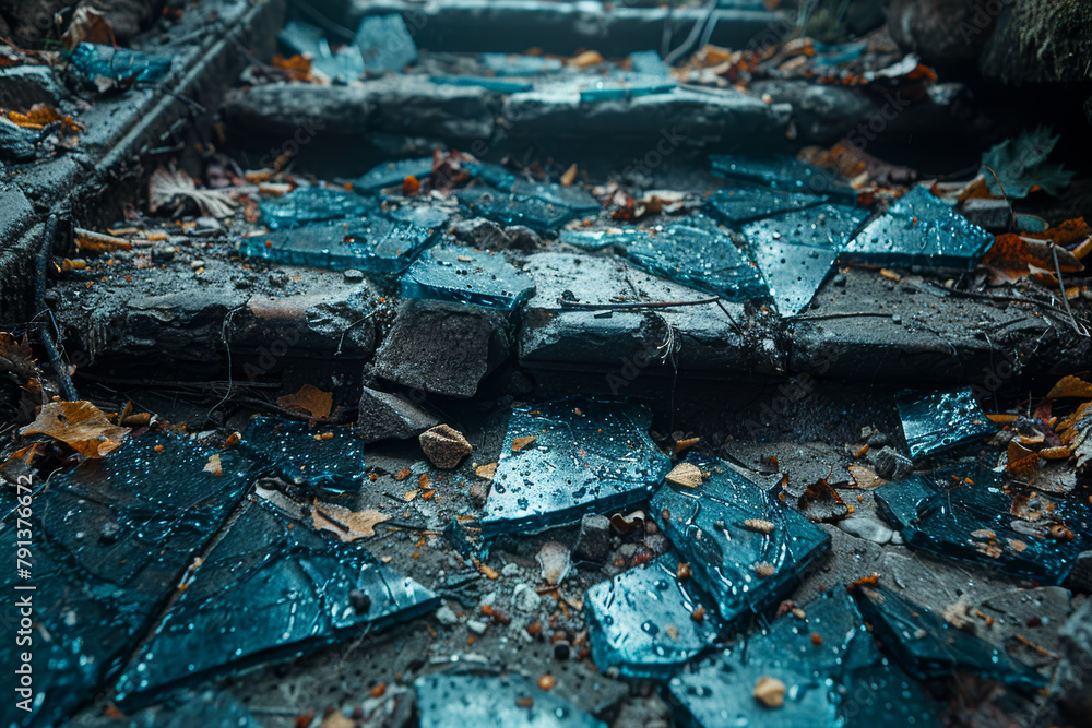 Shattered dreams scattered like broken glass, the remnants of hope crushed beneath the weight of despair. Concept of dashed hopes and the struggle for optimism. Generative Ai.