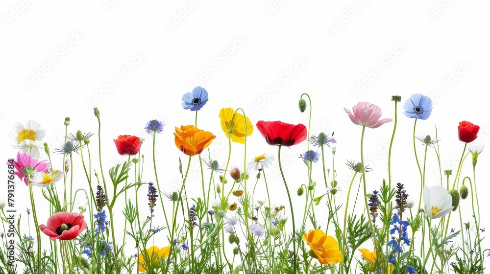 Fototapeta premium A vibrant selection of various pressed wild meadow flowers isolated on a white background, displaying a range of colors and details.