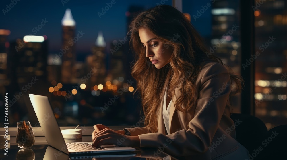 Naklejka premium A young woman in a suit is sitting at her desk in a high-rise office building, looking at her laptop. The city lights are visible outside the window.