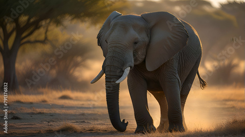 African elephant (Loxodonta africana) walks swinging trunk in sunshine in Chobe National Park; Botswana