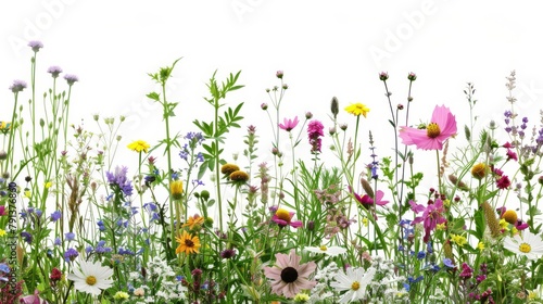 A vibrant selection of various pressed wild meadow flowers isolated on a white background, displaying a range of colors and details. photo