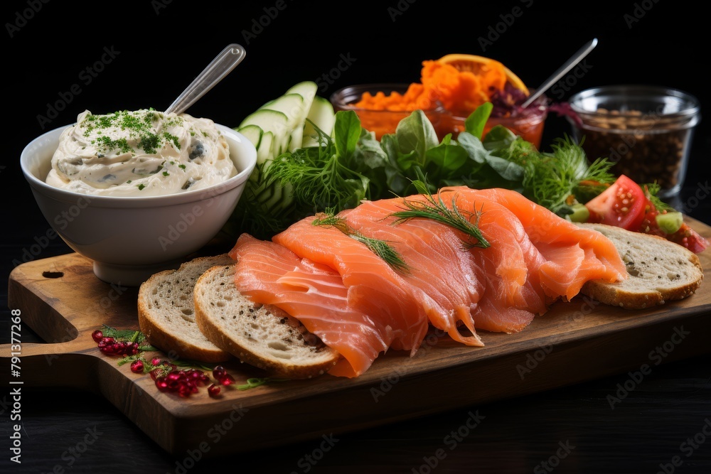 A wooden board with slices of smoked salmon, bread, cream cheese, and other garnishes.