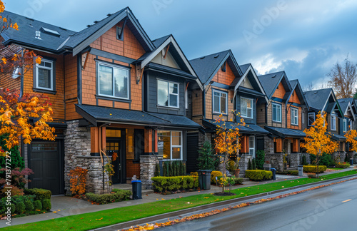 Row of new townhouses in residential neighborhood in the autumn season.