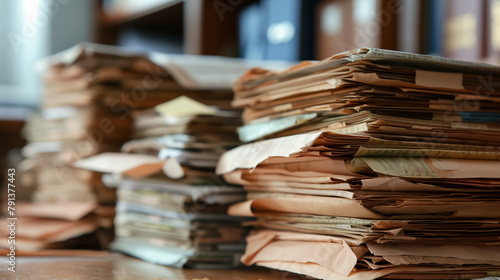 Multiple stacks of disorganized paperwork pile up on a wooden desk, suggesting a busy work environment. © RISHAD