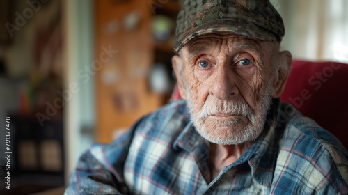 Elderly man with a weathered face and piercing eyes wears a cap, giving him a look of experience and wisdom. photo