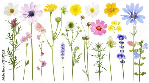 A vibrant selection of various pressed wild meadow flowers isolated on a white background  displaying a range of colors and details.