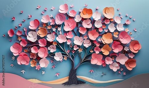 Artistic papercraft with a blossom tree with many flowers, Generative AI