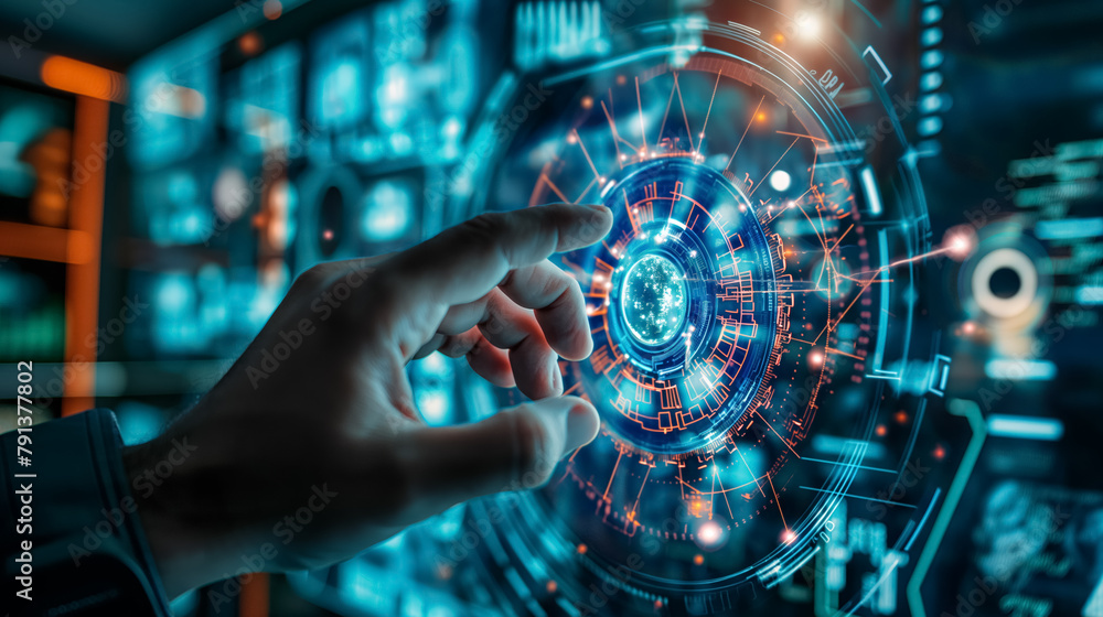 Hand reaches out to interact with a futuristic holographic interface, surrounded by digital data and blue light. Hand reaches out to interact with a futuristic holographic interface, surrounded by digital data and blue light.