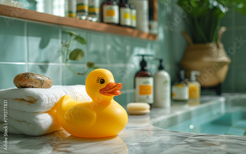 Yellow rubber duck and white towels on the marble counter in the bathroom