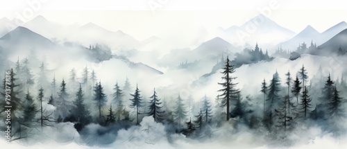 A watercolor painting of a mountain landscape with pine trees in the foreground and fog in the background.