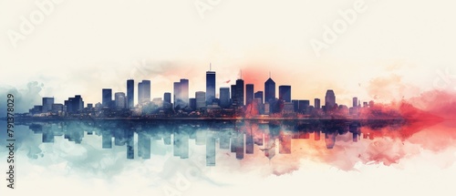 A watercolor painting of a cityscape with a blue and red gradient background.